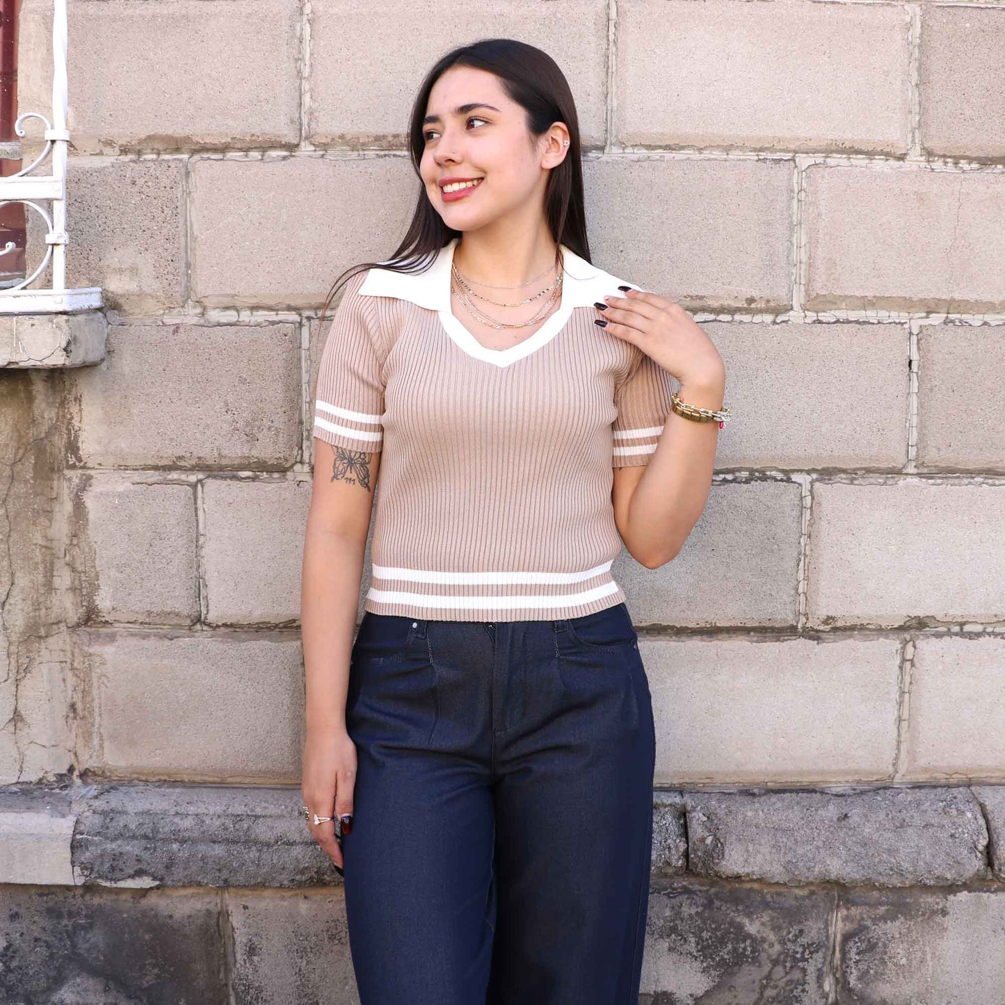 Blusa Zyra Beige/Blanco